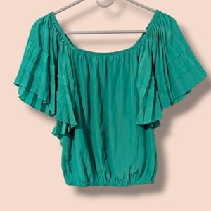 Ramy Brook Kelly Green Silky Flutter Cape Sleeve Straight Neck Relaxed Blouse